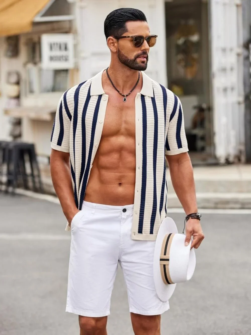 Men's Navy Blue Knit Short Sleeve Button Down Polo Striped Casual Beach Shirt - Picture 2 of 6